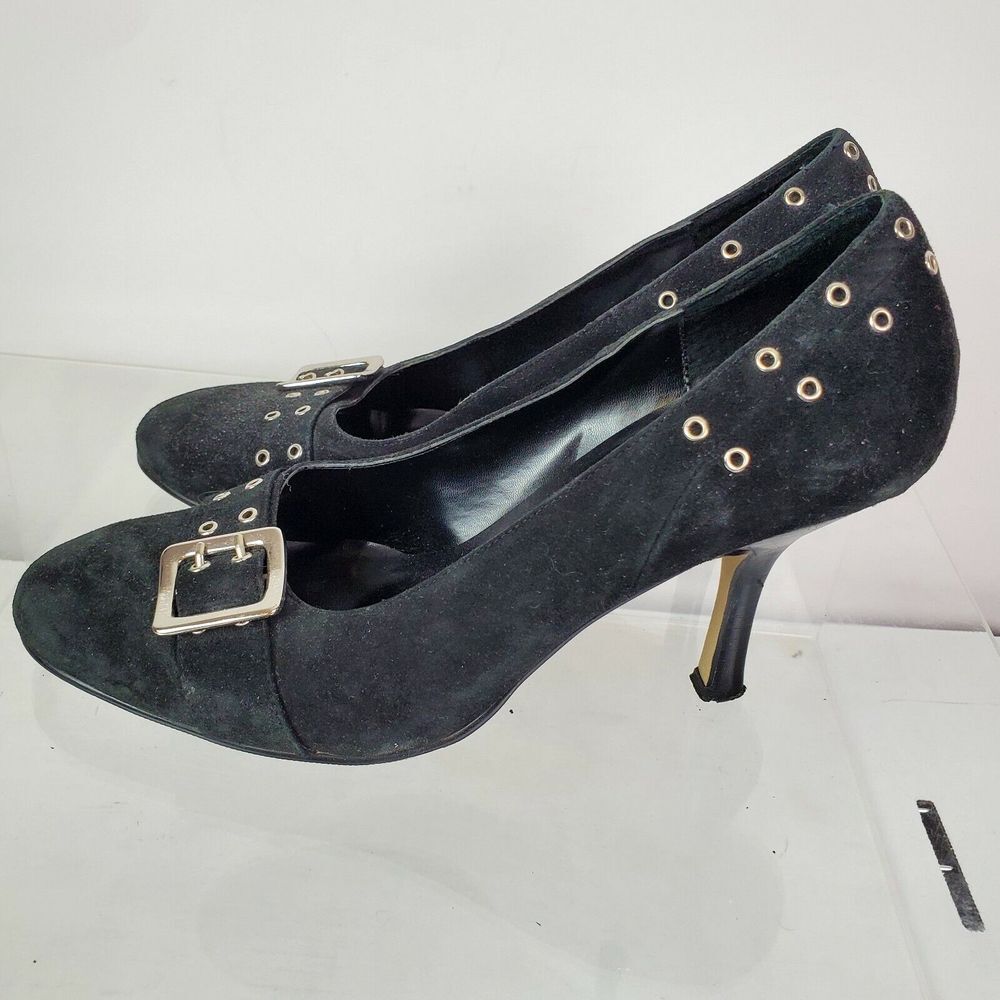 Sacha Too Womens Size 9M Black Leather‎ Suede High Heel Pumps Silver Buckle